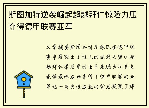 斯图加特逆袭崛起超越拜仁惊险力压夺得德甲联赛亚军